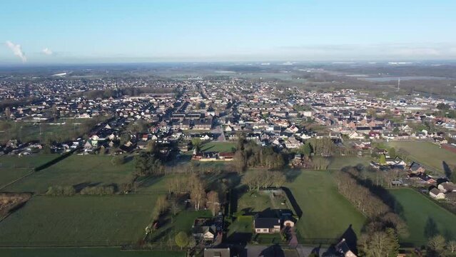 Aerial view St. Willebrord acroos Highway A58 and Etten-Leur Industrial area Vosdonk Netherlands
