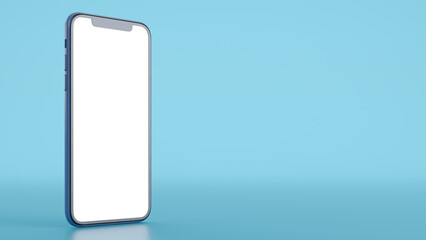 Mock-up of smart phone with empty screen, perspective mockups with blank screen isolated on blue background. 3D render