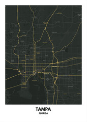 Poster Tampa - Florida map. Road map. Illustration of Tampa - Florida streets. Transportation network. Printable poster format.