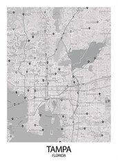 Poster Tampa - Florida map. Road map. Illustration of Tampa - Florida streets. Transportation network. Printable poster format.