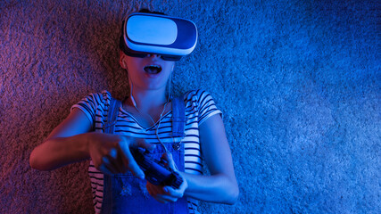 Woman watching with VR with red and blue light