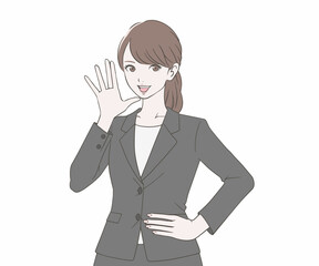 呼びかけるスーツを着た女性