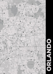 Poster Orlando - Florida map. Road map. Illustration of Orlando - Florida streets. Transportation network. Printable poster format.