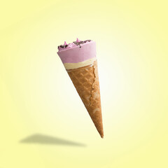 Berry ice cream in a waffle cone. Bright color, summer mood.