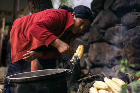 Latin woman cooking corn outdoor