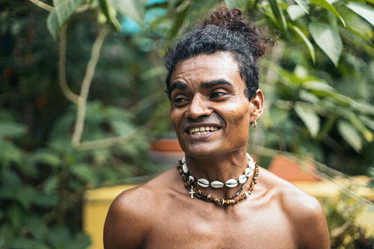 Portrait of a Native american man in a garden