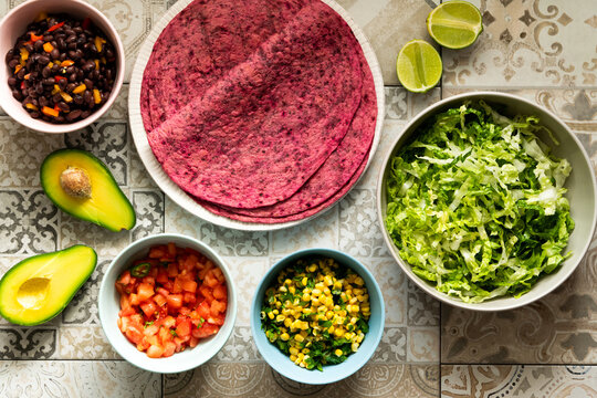 Vegan food: Mexican vegetable tacos with beet tortilla