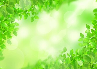 Fototapeta na wymiar 初夏の美しい木漏れ日の差し込む新緑とボケの緑のきらめく光るバックグラウンドのイラスト素材 