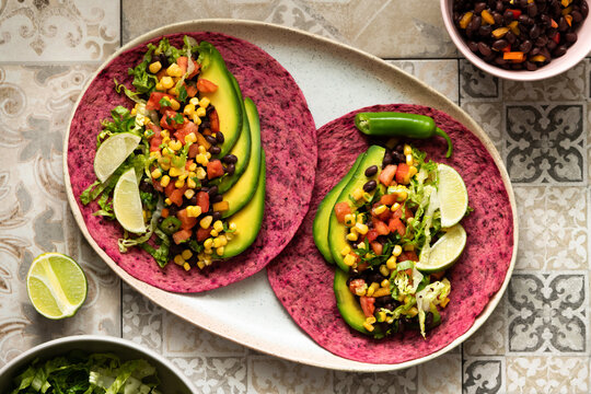 Vegan food: Mexican vegetable tacos with beet tortilla