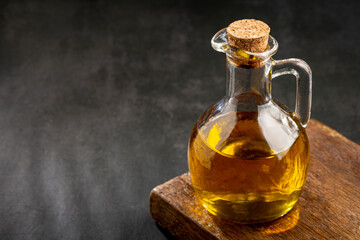 Glass cruet. Olive oil in a glass cruet.