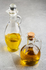 Glass cruet. Olive oil in a glass cruet.