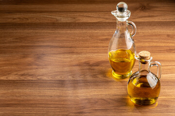 Glass cruet. Olive oil in a glass cruet.