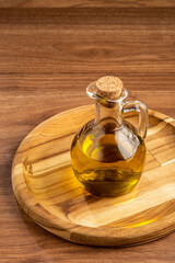 Glass cruet. Olive oil in a glass cruet.