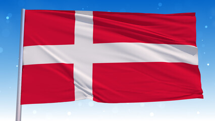 Waving National Flag Of Denmark In The Wind With Pole On Cloudy Fog Glitter Air particles Flying Blue Sky 3D Rendering