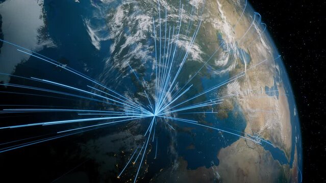 Earth in Space. Blue Lines connect Zurich, Switzerland with Cities across the World. International Travel or Networking Concept.