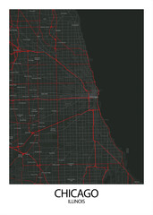 Poster Chicago - Illinois map. Road map. Illustration of Chicago - Illinois streets. Transportation network. Printable poster format.