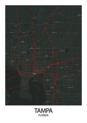 Poster Tampa - Florida map. Road map. Illustration of Tampa - Florida streets. Transportation network. Printable poster format.