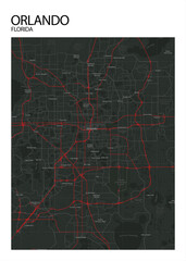 Poster Orlando - Florida map. Road map. Illustration of Orlando - Florida streets. Transportation network. Printable poster format.