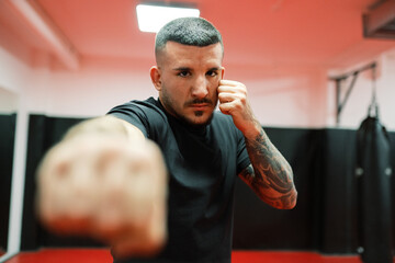 Boxer training in gym.