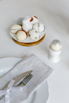 Easter chicken eggs on served table