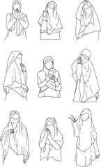 Fototapeta na wymiar Muslim woman set outline drawing