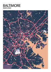 Poster Baltimore - Maryland map. Road map. Illustration of Baltimore - Maryland streets. Transportation network. Printable poster format.