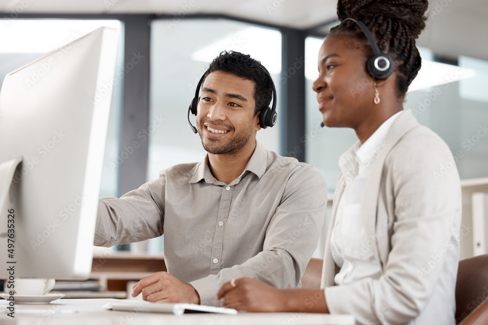 Aufkleber Your attitude determines how well you do it. Shot of two colleagues working in a call center.