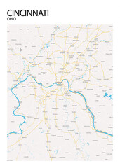 Poster Cincinnati - Ohio map. Road map. Illustration of Cincinnati - Ohio streets. Transportation network. Printable poster format.