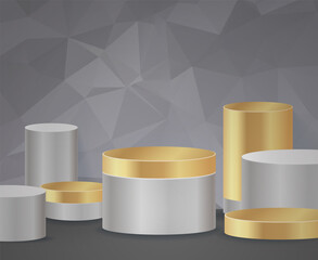 3D vector abstract podium, pedestal, plaque, cylinder steps of a round gold frame. The concept of minimalistic layout, empty space and space. Mock Up. on gray background abstract polygon