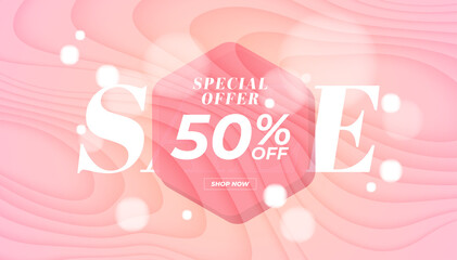 Sale special offer 50% off banner. Pink background special offer and promotion template design.