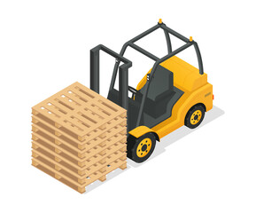 Forklift truck with cargo. Machines for transporting objects from car to warehouse. Vehicle, loader. Pallets for goods, logistics. Storage equipment icon. Cartoon isometric vector illustration