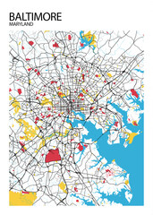 Poster Baltimore - Maryland map. Road map. Illustration of Baltimore - Maryland streets. Transportation network. Printable poster format.