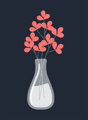 Flowers in vase. Rose petals, branches in glass jug of water, foliage. Interior elements, minimalistic decor style. Modern apartments or houses. Social media stickers. Cartoon flat vector illustration