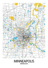 Poster Minneapolis - Minnesota map. Road map. Illustration of Minneapolis - Minnesota streets. Transportation network. Printable poster format.