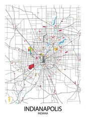 Poster Indianapolis - Indiana map. Road map. Illustration of Indianapolis - Indiana streets. Transportation network. Printable poster format.