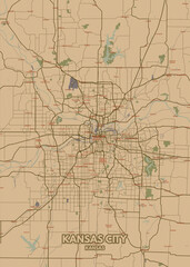 Poster Kansas City - Kansas map. Road map. Illustration of Kansas City - Kansas streets. Transportation network. Printable poster format.