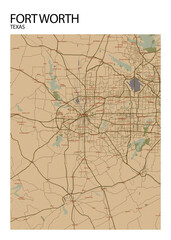 Poster Fort Worth - Texas map. Road map. Illustration of Fort Worth - Texas streets. Transportation network. Printable poster format.