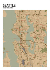 Poster Seattle - Washington map. Road map. Illustration of Seattle - Washington streets. Transportation network. Printable poster format.