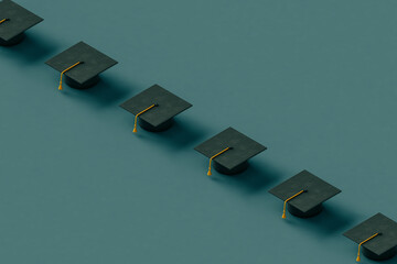 a row of black Graduation cap with copy space.