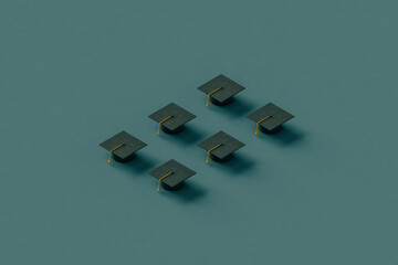 collection of black Graduation caps. 3d render