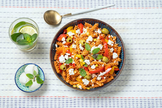  Red Lentils Pasta with vegetables and feta cheese