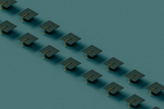 rows of black Graduation cap with copy space 