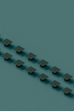 rows of black Graduation caps on blue background.
