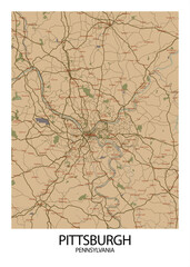 Poster Pittsburgh - Pennsylvania map. Road map. Illustration of Pittsburgh - Pennsylvania streets. Transportation network. Printable poster format.