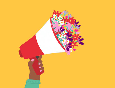 Megaphone with flowers calling for spring illustration
