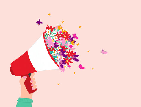 Megaphone with flowers calling for spring illustration