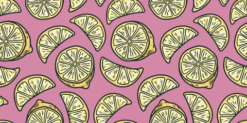 Lemon summer fruit juice wallpaper design. Yellow and pink seamless pattern with slice of lemon