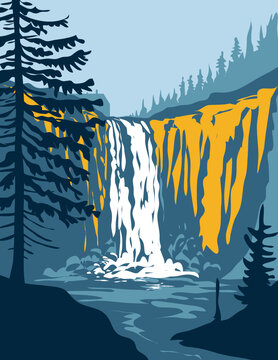 WPA poster art of Snoqualmie Falls on the Snoqualmie River between Snoqualmie and Fall City, Washington State northwest United States, USA done in works project administration style.