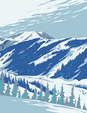 WPA poster art of Taos Ski Valley viewed from Wheeler Peak located in Taos County, New Mexico, United States USA done in works project administration style or federal art project style.
