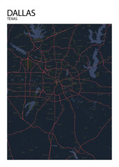 Poster Dallas - Texas map. Road map. Illustration of Dallas - Texas streets. Transportation network. Printable poster format.